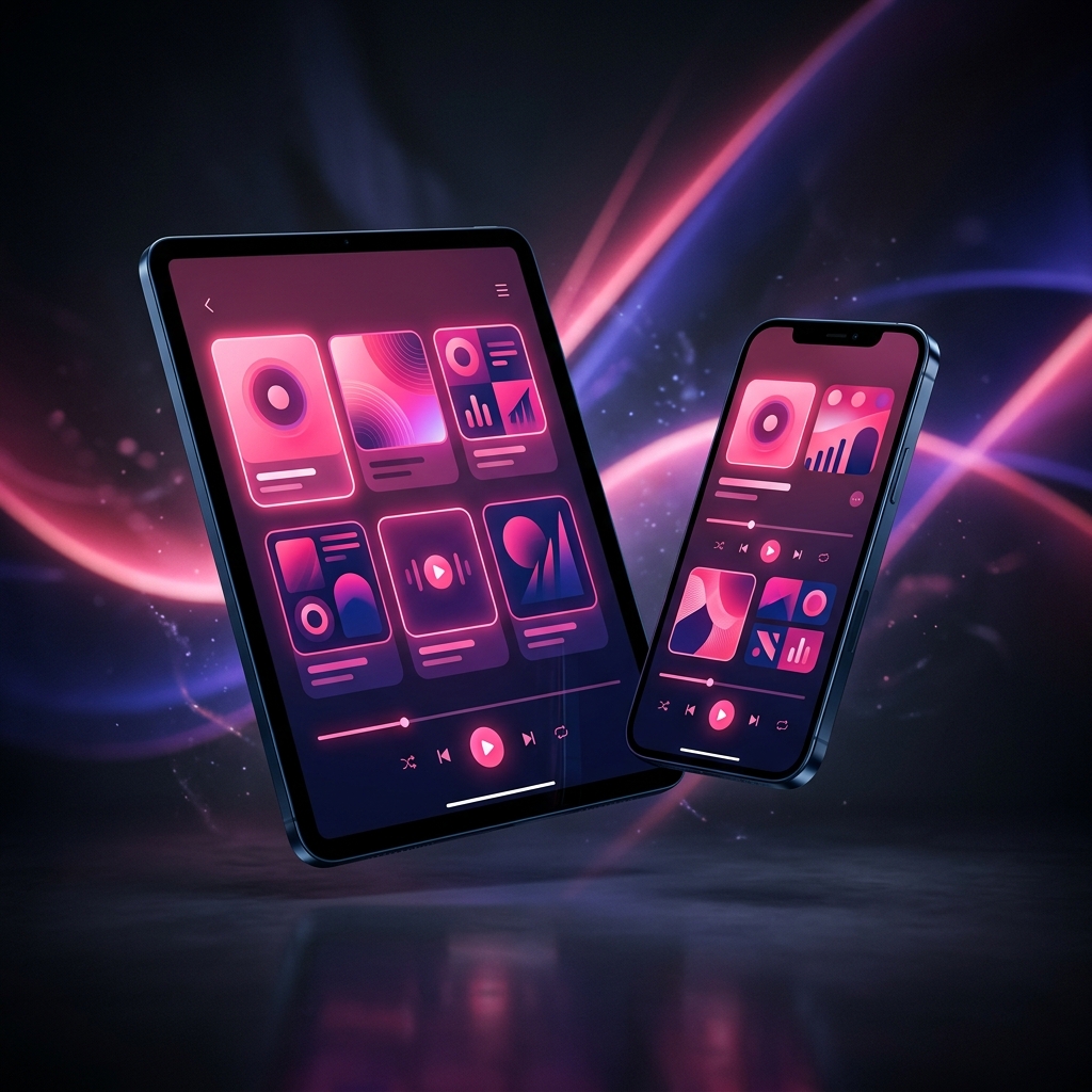 Tira Player on tablet and phone with rose pink media interface